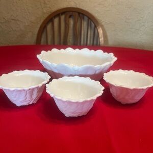 Vintage Indiana Milk Glass Wild Rose Cabbage Leaf Serving Bowl & 3 Dessert Bowls